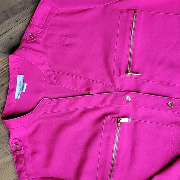 Bright Pink Calvin Klein Button Zipper Small Dressy Blouse - Picture 5 of 8